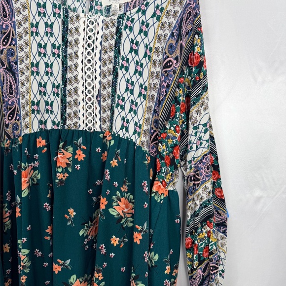 Umgee Boho Floral Babydoll Dress XL Bishop Sleeve Rayon Contrast - Picture 3 of 9